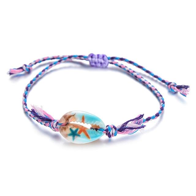 Bracelet Brésilien Tressé Violet Avec Perles Et Coquillage - Amitié/vœux - Neuf Sans Emballage