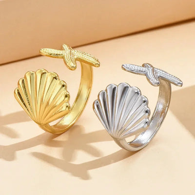 Bague Coquillage Saint-Jacques et Étoile de Mer ajustable Argentée