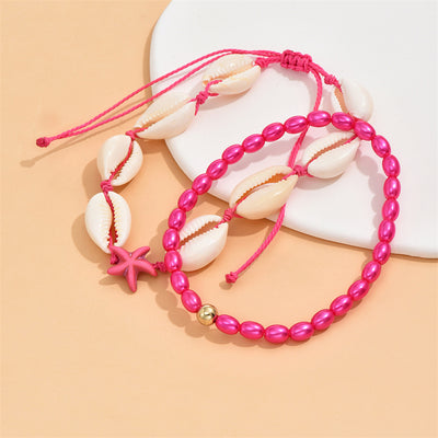 Duo de Bracelet de Cheville Coquillage Bohème et Perles Colorées Roses