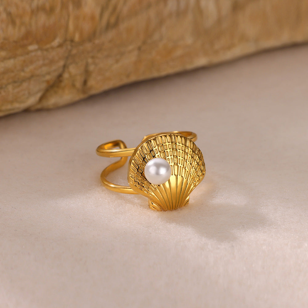Bague Coquille Saint-Jacques Plaqué Or 750/000 - Style Art Déco, Sans Nickel, Neuf Avec étiquettes