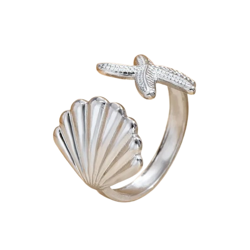 Bague Coquillage Saint-Jacques et Étoile de Mer ajustable Argentée