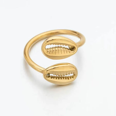 Bague Coquillage Ouverte Double Cauri sur fond gris