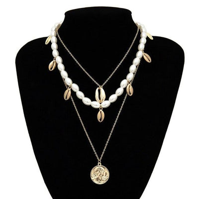 Collier Coquillage Médaillon Doré Blanc